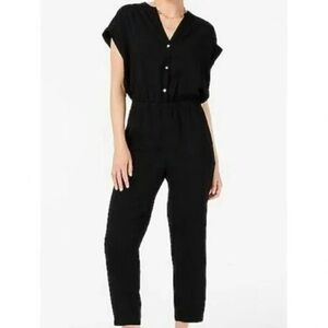 J.Crew Factory Women XS Black V-Neck Short Sleeve Cuffed Camp-Shirt Jumpsuit